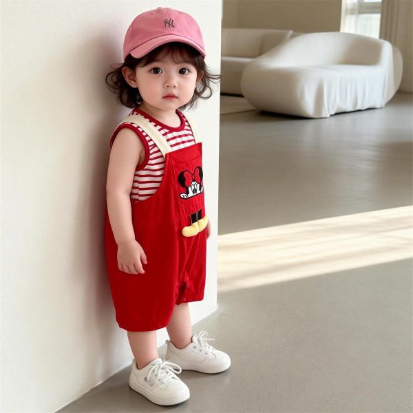 條紋背心+迪士尼卡通吊帶褲套裝 