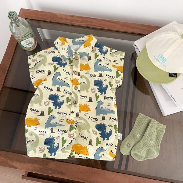 滿印恐龍翻領開釦連身裝 