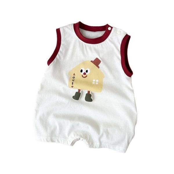 可愛餅乾印花拼色無袖背心連身裝 