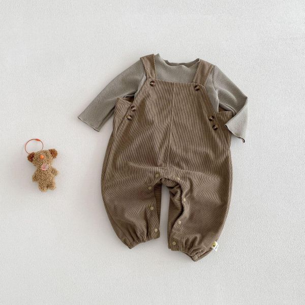 素色軟糯上衣+燈芯絨極簡吊帶長褲 