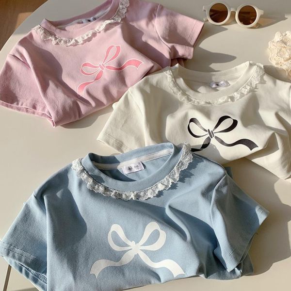 大蝴蝶結印花蕾絲領口上衣 