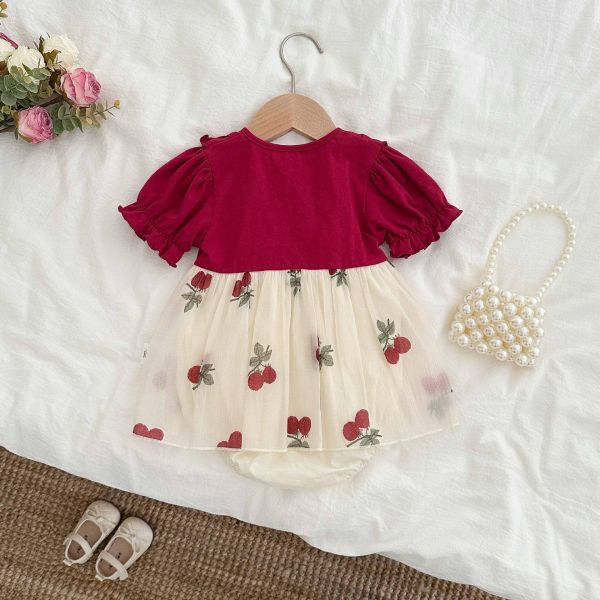 假兩件櫻桃拼接短袖/長袖包屁裙 