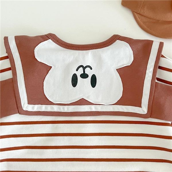 翻領條紋前後領結小熊包屁衣 