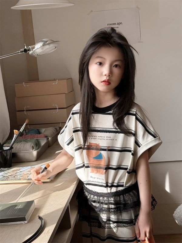 可愛貓咪條紋寬鬆連身裙 