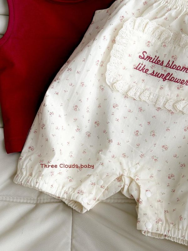 酒紅背心+田園碎花吊帶套裝 