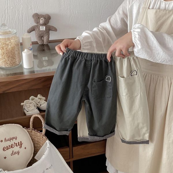 造型反摺格紋素色休閒長褲 