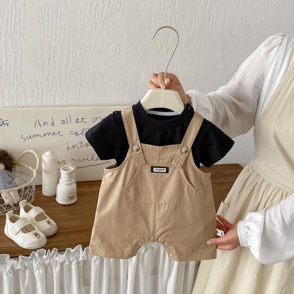 素上衣+工裝吊帶褲套裝 
