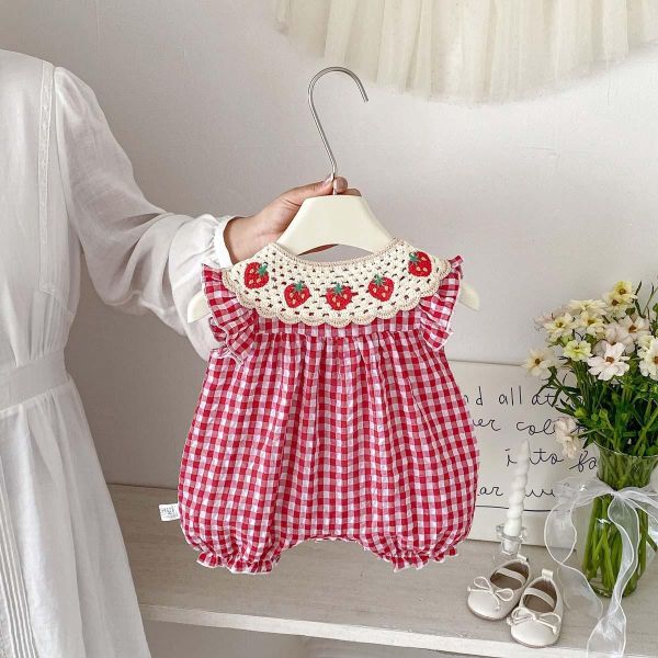 草莓刺繡翻領格紋連身裝 