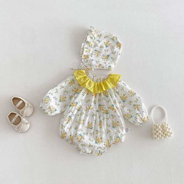 春夏亮眼黃田園碎花包屁衣+帽 