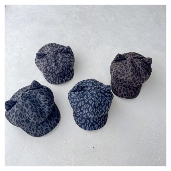 時髦豹紋尖耳短帽沿八角帽 