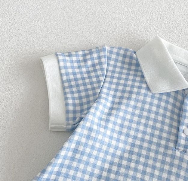 撞色翻領格紋連身裝 