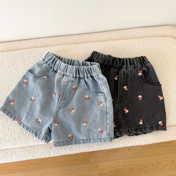 爆米花刺繡五分牛仔短褲 