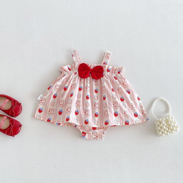 可愛蝴蝶結兔子印花背帶包屁裙 