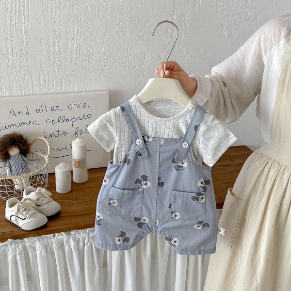 螺紋素上衣+狗狗吊帶短褲套裝 