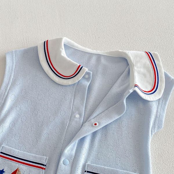 海軍風翻領素色雙口袋連身裝 