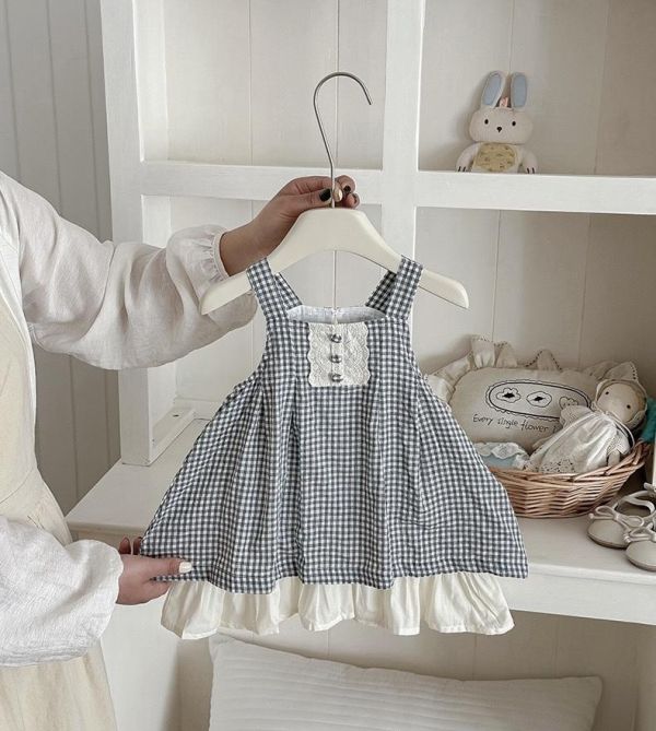 假兩件格紋蕾絲拼接背心式洋裝 