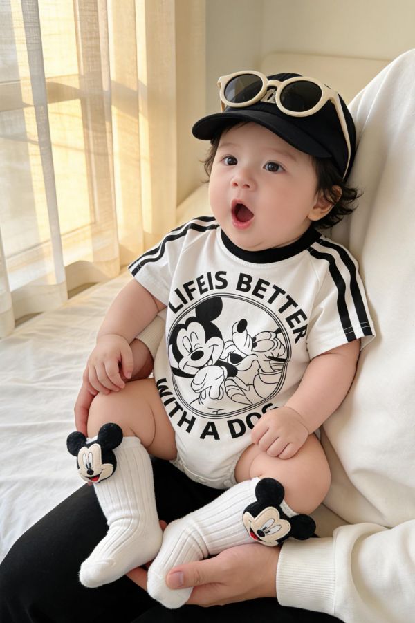 落肩雙槓米奇印花寬鬆包屁衣(贈襪)(2款) 