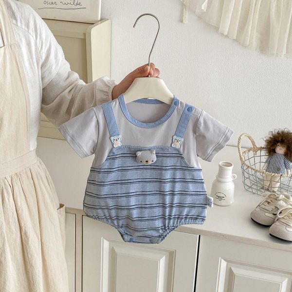 假兩件小熊吊帶條紋包屁衣 