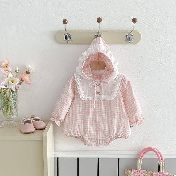 蕾絲蝴蝶結格紋包屁衣(含帽) 