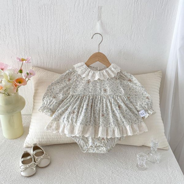 蕾絲領田園碎花包屁裙 