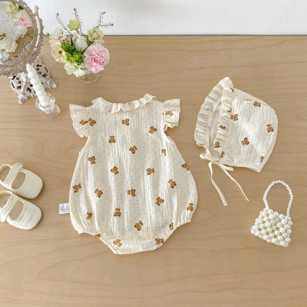 紗布棉透氣娃娃領小熊包屁衣+帽 