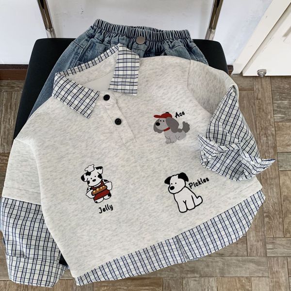 假兩件狗狗背心格紋襯衫上衣 