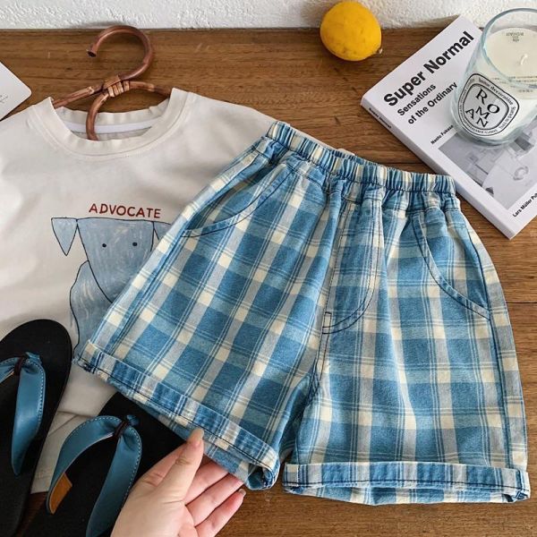 復古古著格紋五分短褲 