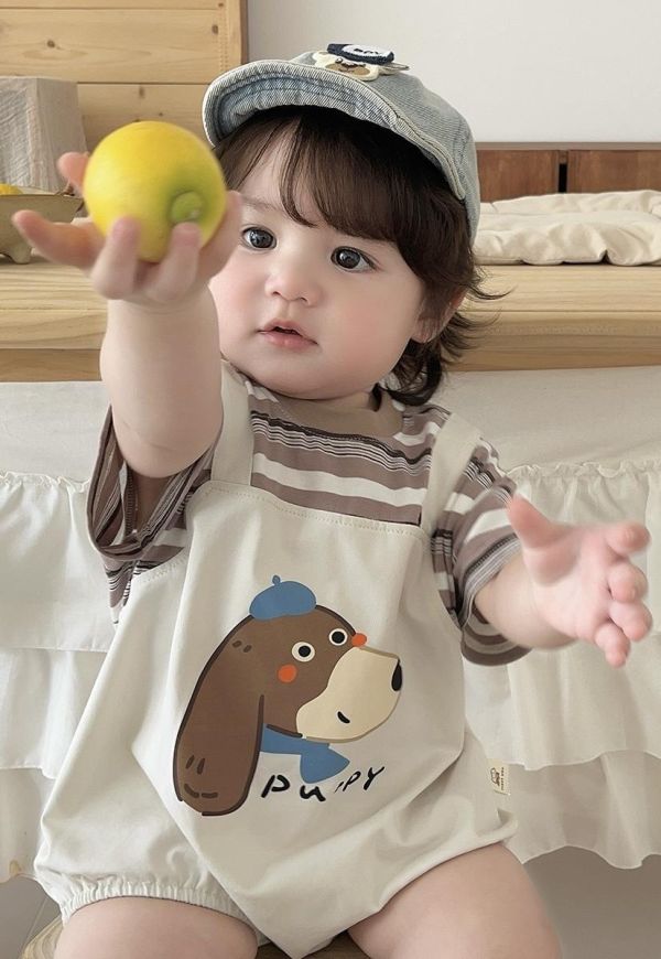 假兩件狗狗條紋吊帶包屁衣 