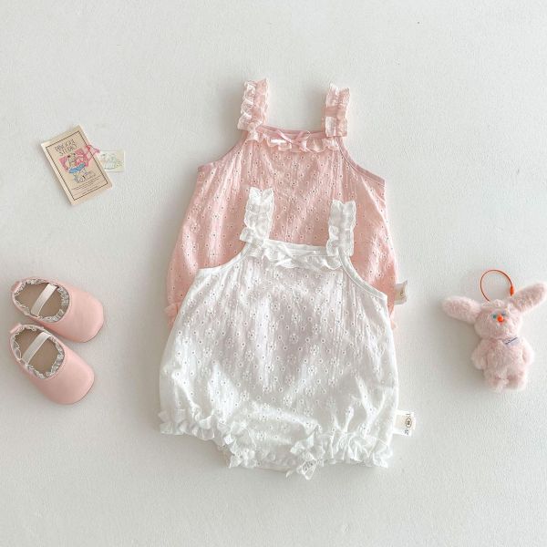 可愛素色木耳背帶蝴蝶結包屁衣 