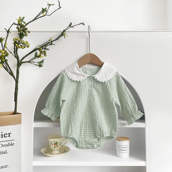 娃娃領格子透氣棉包屁衣 