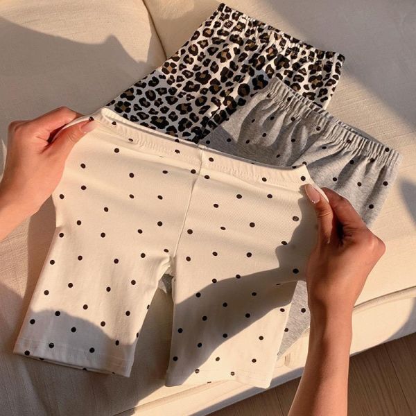 素色點點/豹紋彈力五分騎行短褲 