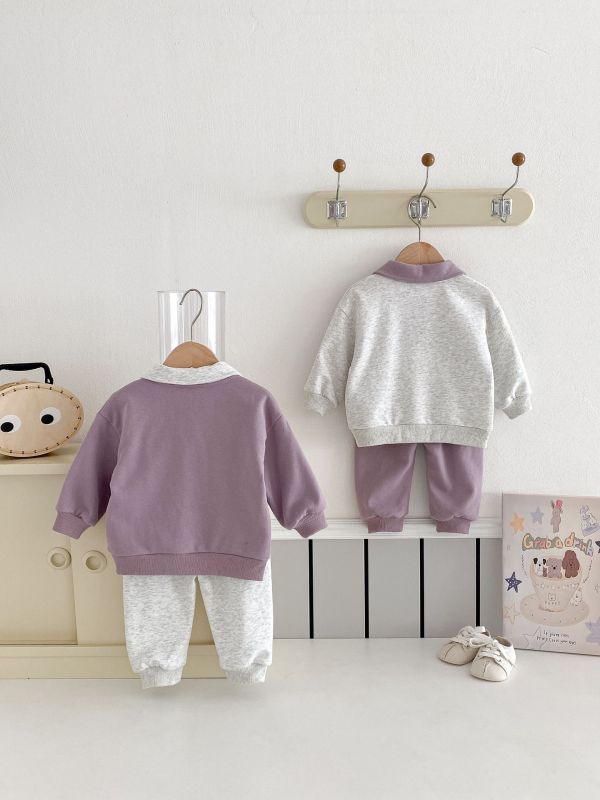 撞色學院風翻領上衣+休閒褲套裝 