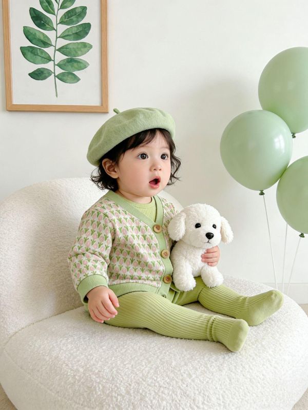 鬱金香外套+素色包屁衣+褲襪三件套 