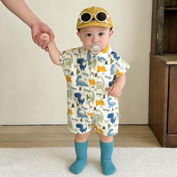 滿印恐龍翻領開釦連身裝 