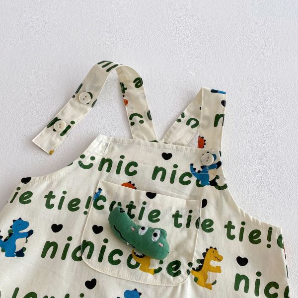 口袋背心+滿版字母恐龍吊帶褲套裝 