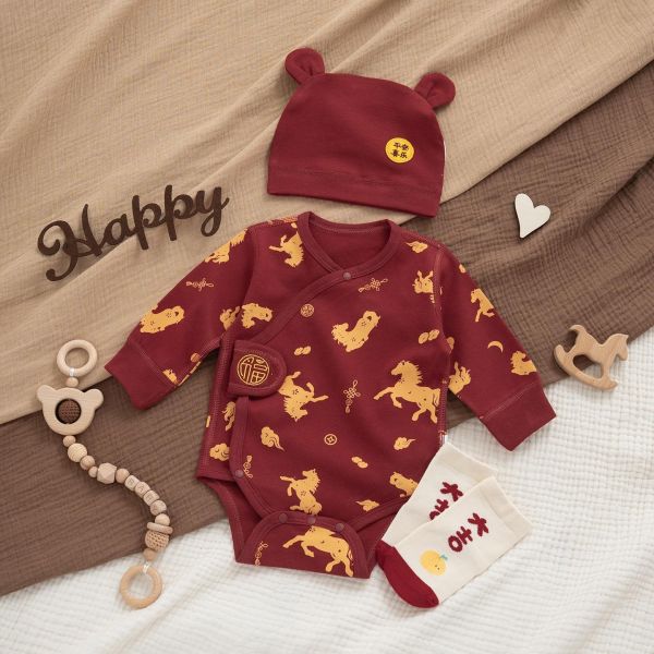 新生兒滿版小馬側開純棉包屁衣 