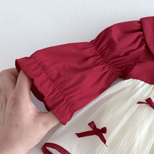 假兩件娃娃領澎袖蝴蝶結包屁裙 