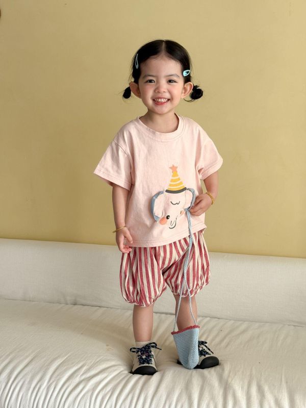 生日帽可愛大象上衣+豎條紋短褲套裝 