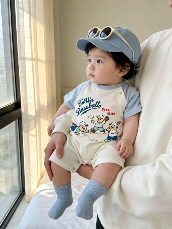 棒球小熊印花拼袖連身裝 