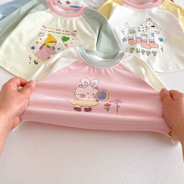 撞色拚袖可愛印花春秋上衣 