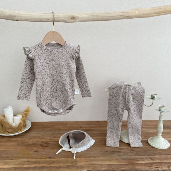 滿印碎花飛袖包屁衣+長褲+帽三件套裝 