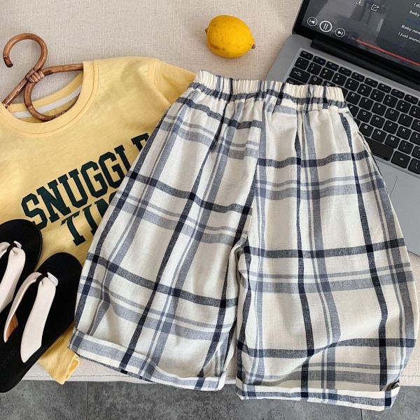 百搭復古格紋九分棉質長褲 