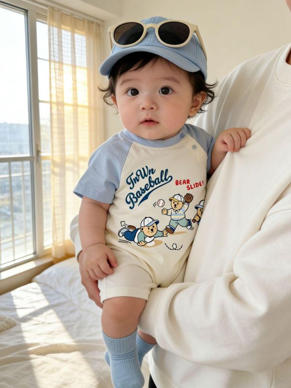 棒球小熊印花拼袖連身裝 