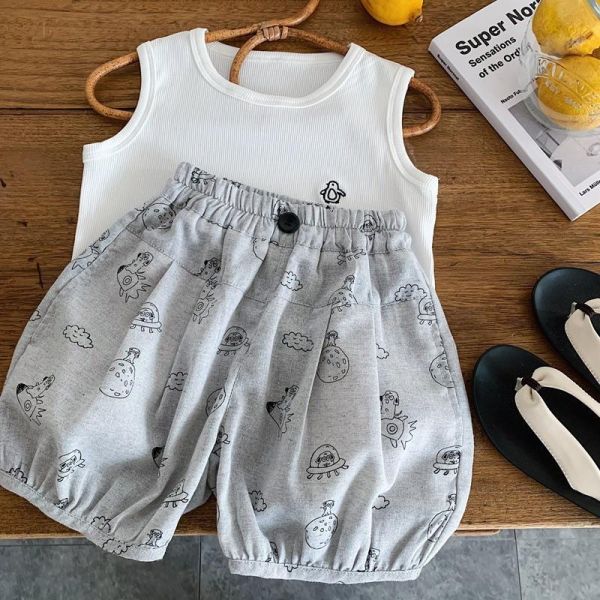 太空星球塗鴉素色五分短褲 