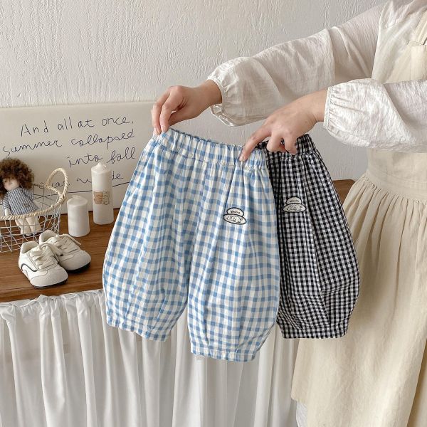 純棉透氣雙色格紋鬆緊燈籠褲 