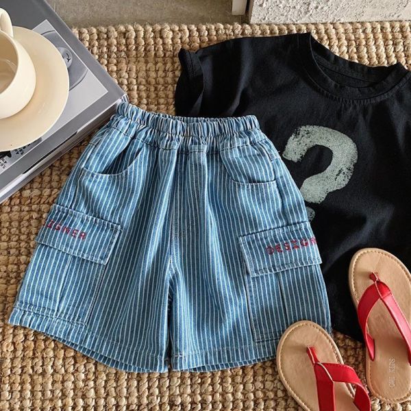 豎條紋牛仔雙口袋五分短褲 