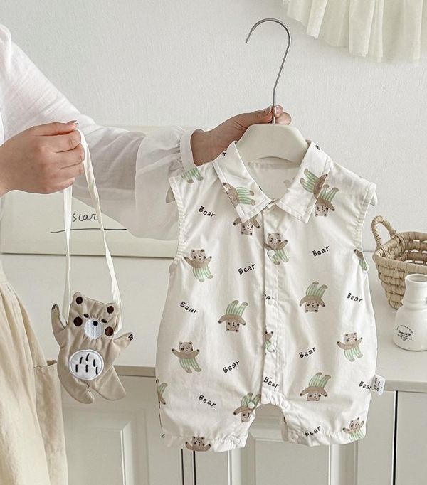 森林小熊翻領開釦連身裝(含小熊包) 