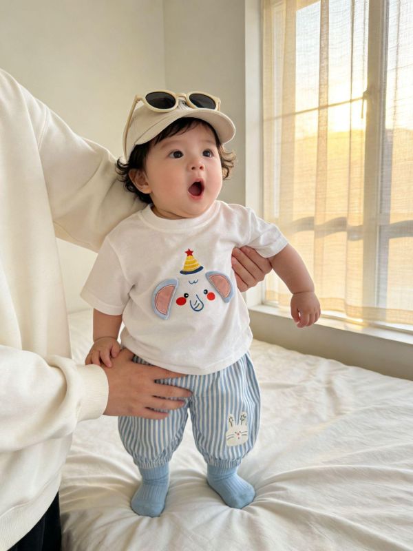 立體大象/汽車上衣+條紋長褲套裝 