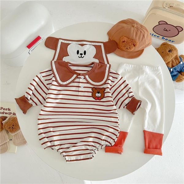 翻領條紋前後領結小熊包屁衣 