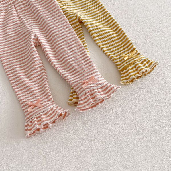 蕾絲領卡通上衣/條紋喇叭彈力褲 